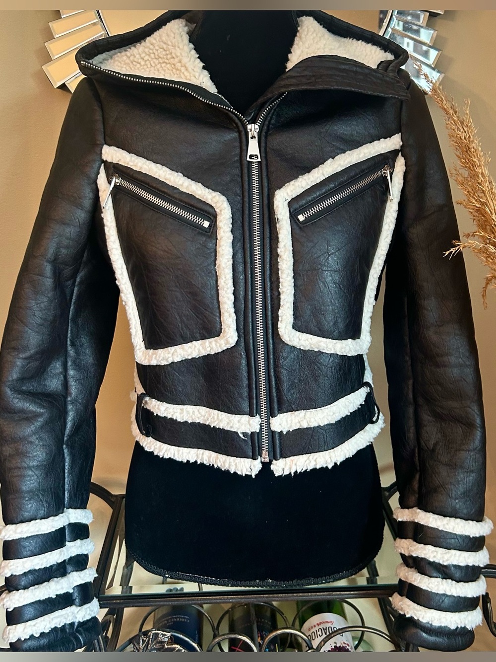 AKIRA Black Faux Leather Jacket with White Sherpa Trim